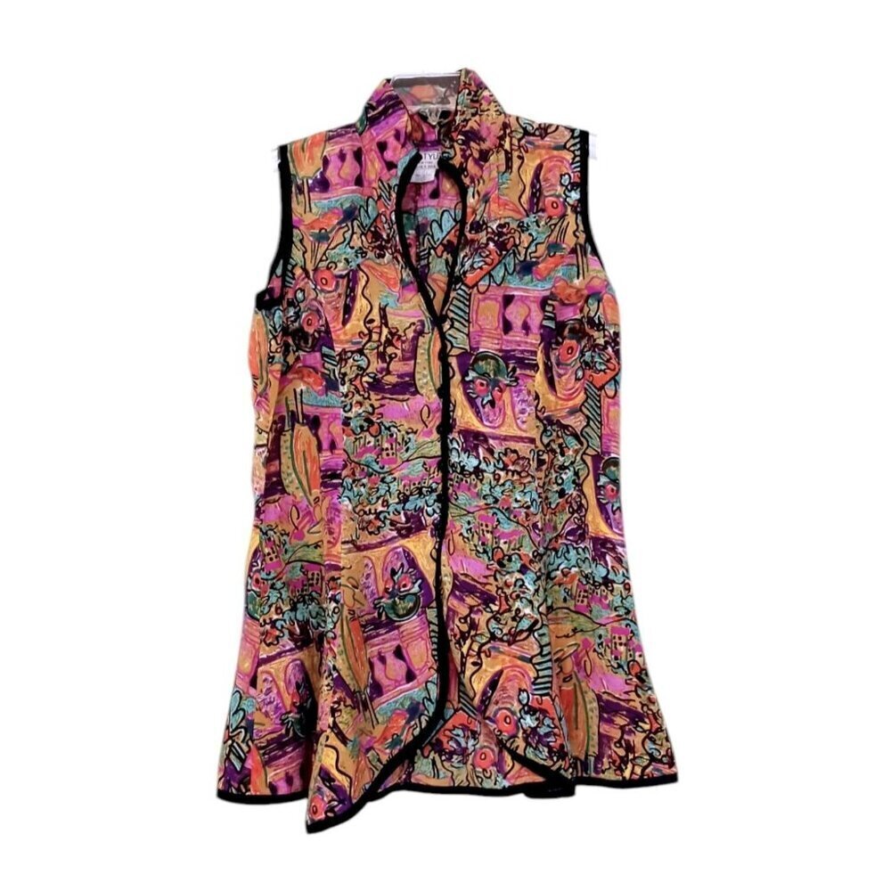 Vintage Art to Wear Sleeveless Tunic Blouse L Abstract Faces Graffiti Resort